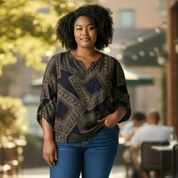 ING Womens Plus Size 5X Navy Blue Paisley Long Sleeve Shirt Blouse Top 30W 32W - Picture 1 of 10